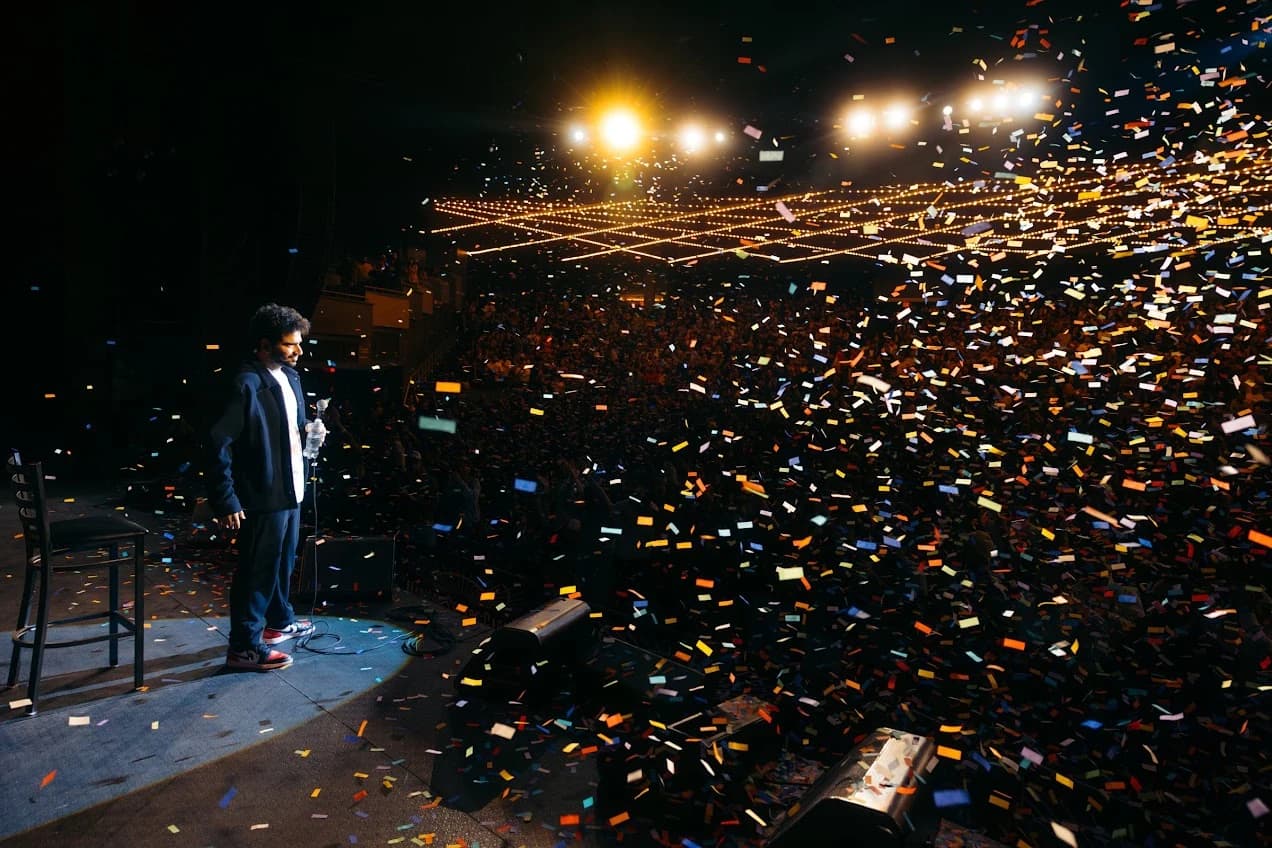 Confetti fills the stage at Samay Raina’s Still Alive performance at Infosys Theater at Madison Square Garden